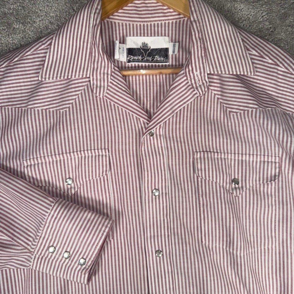 VTG Ranch and Town Men's L Red White Striped Pearl Snap Western Shirt 16.5x35